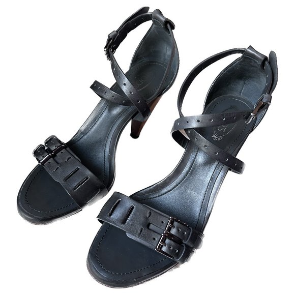 Tom Ford Grey Leather Buckle Strap Sandal Heels Wood Block US 6/6.5 EU 36.5 - Picture 2 of 11